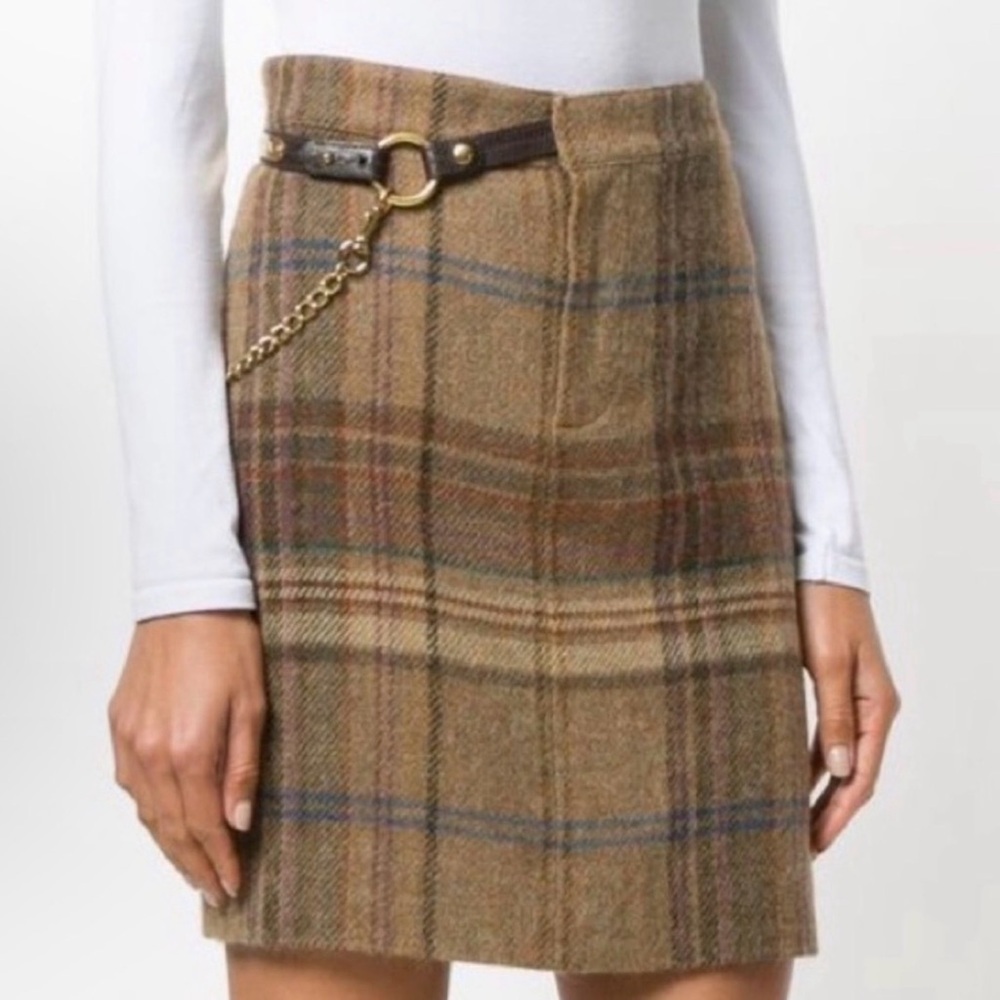 Vintage Ralph Lauren Plaid Wool Mini Skirt Leather Gold Chain Belt 90s y2k Prep - Picture 2 of 13